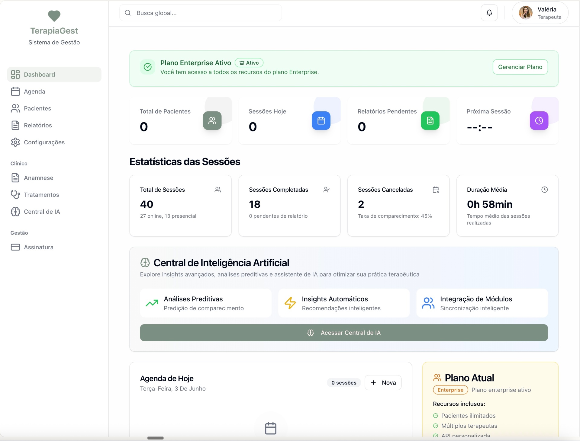 Dashboard TerapiaGest com IA em ação